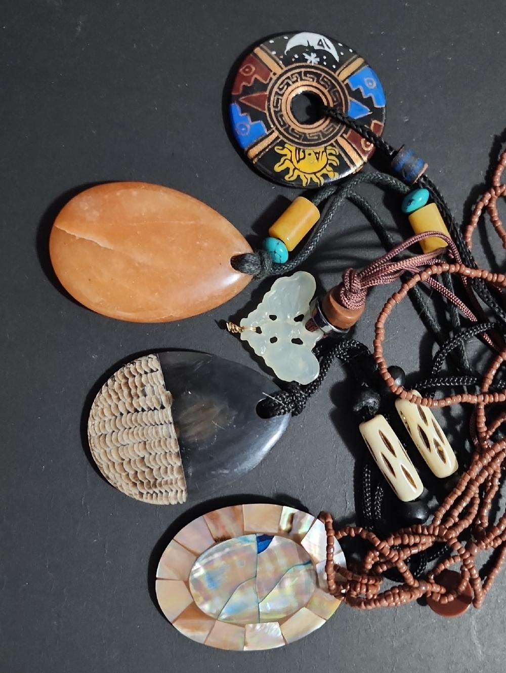 Mystic mystery Multi-Pendant Necklace Orange, Black, Blue boho Jewelry Jar Lot